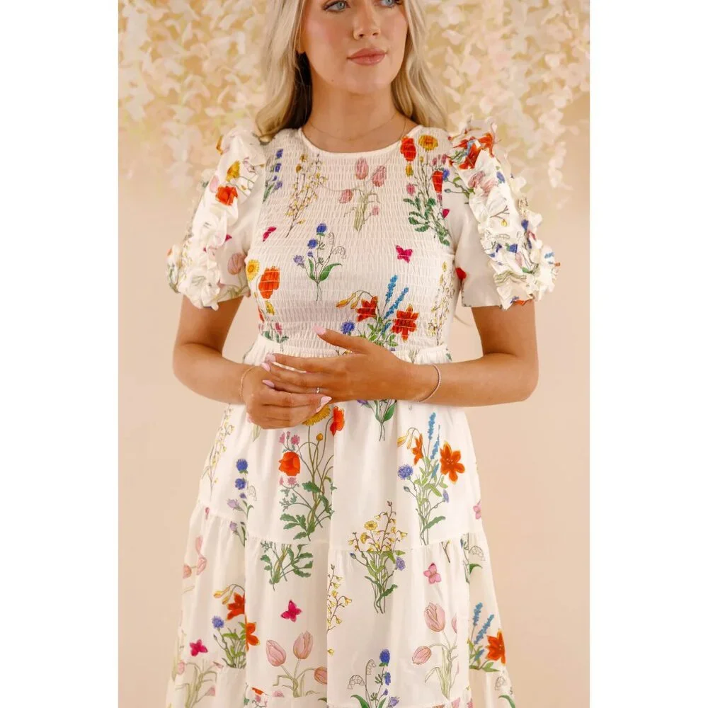 THML Ivory Floral Puff Sleeve Smocked Dress - Small - Picture 11 of 11